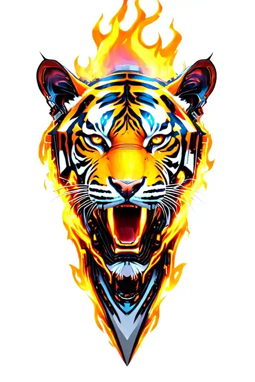 mech fire tiger head tattoo design idea