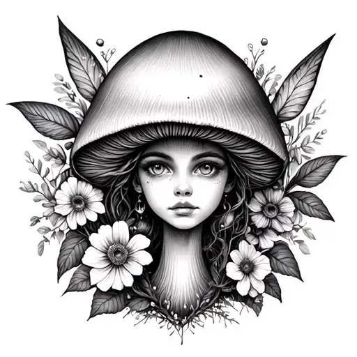 mushroom head fairy female body, cottagecore, eyeball floral garden background tattoo design idea