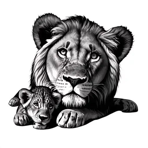 lion protecting cub laying looking tattoo design idea