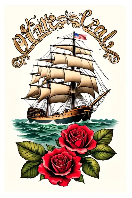 roses and clipper ship  tattoo design idea