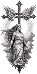norse Valkyrie, clouds, rays, a cross, heaven, floral tattoo design idea