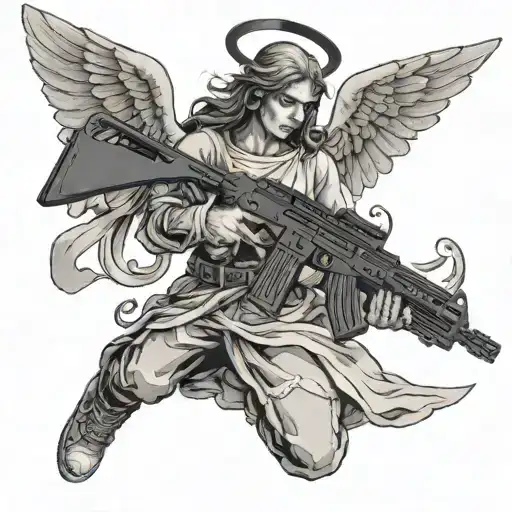 A angel holding a ak 47 tattoo design idea