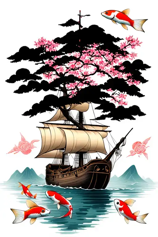 Sakura tree and pirate ship with koi fish swimming tattoo design idea