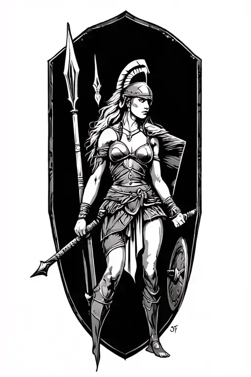 ares as a female spartan with spear and shield adorned tattoo design idea