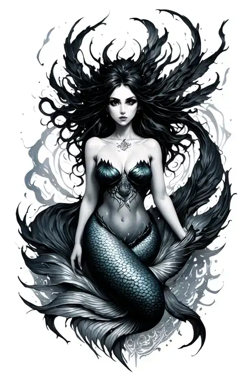 dark art siren mermaid full body surrounded by cyber sigilism tattoo design idea