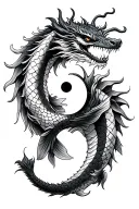 Dragon wraps forearm from elbow to wrist, head at bottom. Two yin-yang koi on inner arm. Ink wash Japanese style tattoo design idea