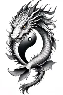 Dragon wraps forearm from elbow to wrist, head at bottom. Two yin-yang koi on inner arm. Ink wash Japanese style tattoo design idea