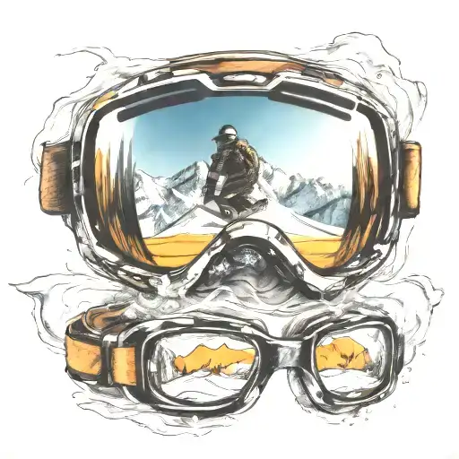 snowboarding goggles with reflection of a jumping snowboarder in the lens tattoo design idea