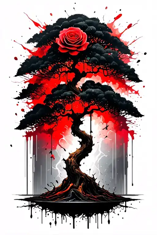 thunderstorms striking and bonsai tree an nature an roses  tattoo design idea