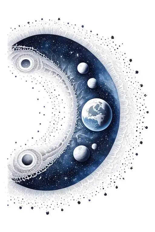 fractal milky way,  solar system, planet earth and moon, whit spirals tattoo design idea