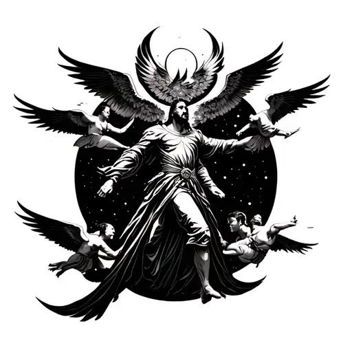 a trailing warrior on his back being traveled by 6 angels with no face or face with heavens all around tattoo design idea