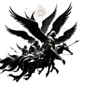 a trailing warrior on his back being traveled by 6 angels with no face or face with heavens all around tattoo design idea