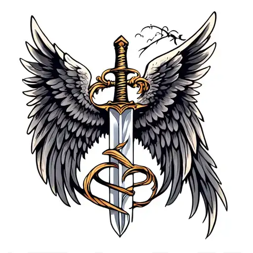 A neotraditional tattoo design featuring a pair of angel wings intertwined with a sword, symbolizing strength and protection tattoo design idea
