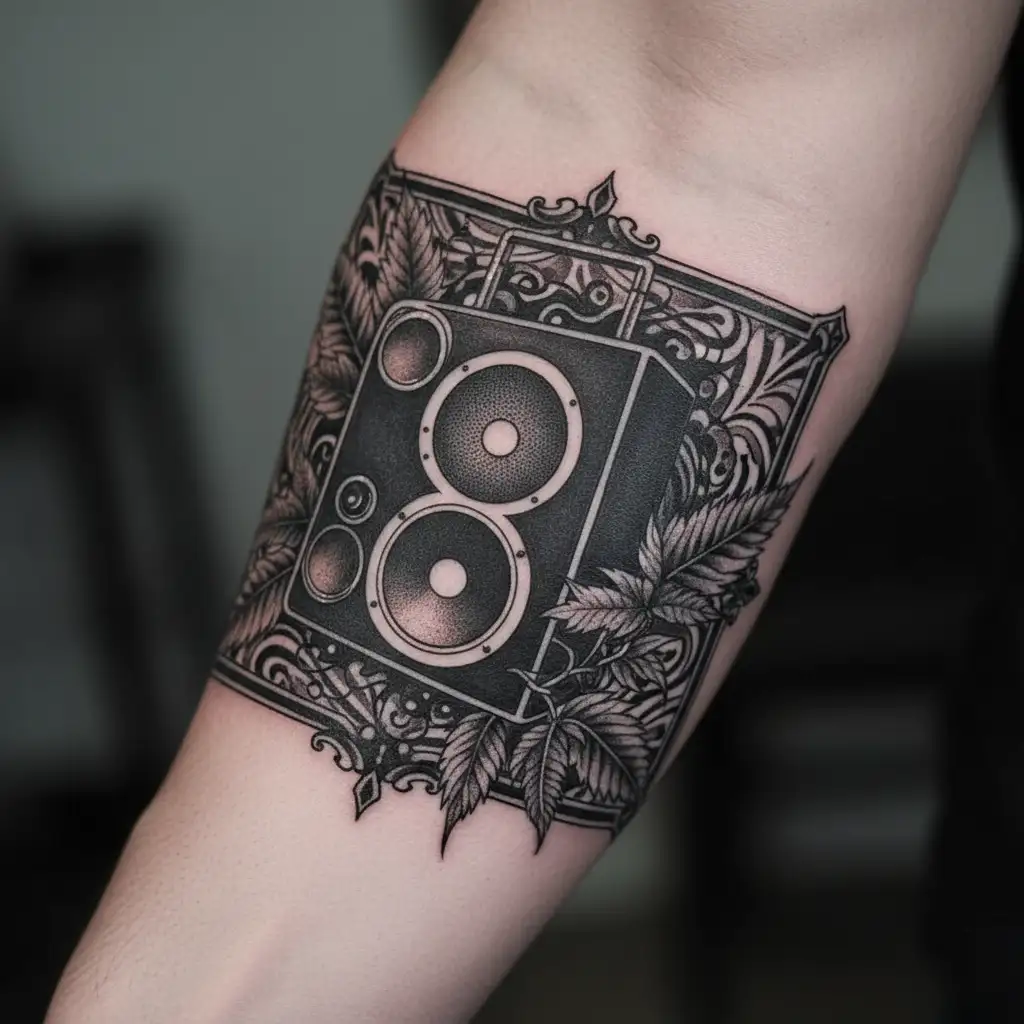 A geometric pattern of marijuana leaves forming a speaker blasting hip-hop beats tattoo design idea