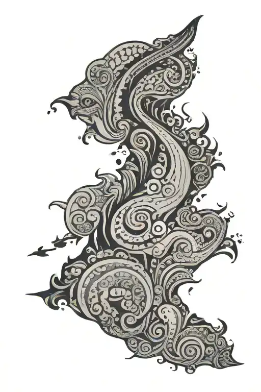 draw the outline of new zealand and fill with koru and fish tattoo design idea