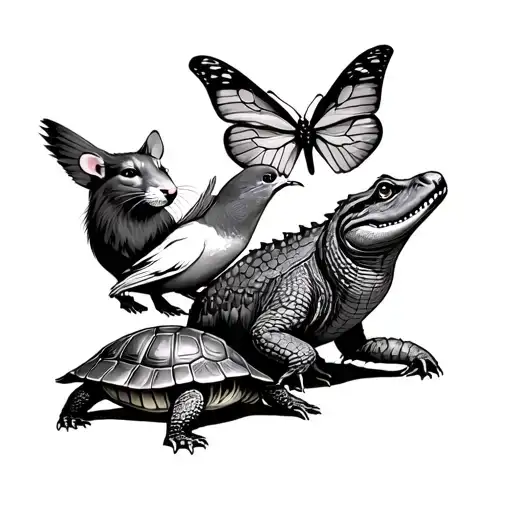 dove wolf butterfly chat torto alligator and two rats tattoo design idea