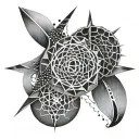 Abstract geometric design incorporating fishing hooks and concrete cutting tools tattoo design idea