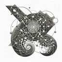 Abstract geometric design incorporating fishing hooks and concrete cutting tools tattoo design idea