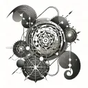 Abstract geometric design incorporating fishing hooks and concrete cutting tools tattoo design idea