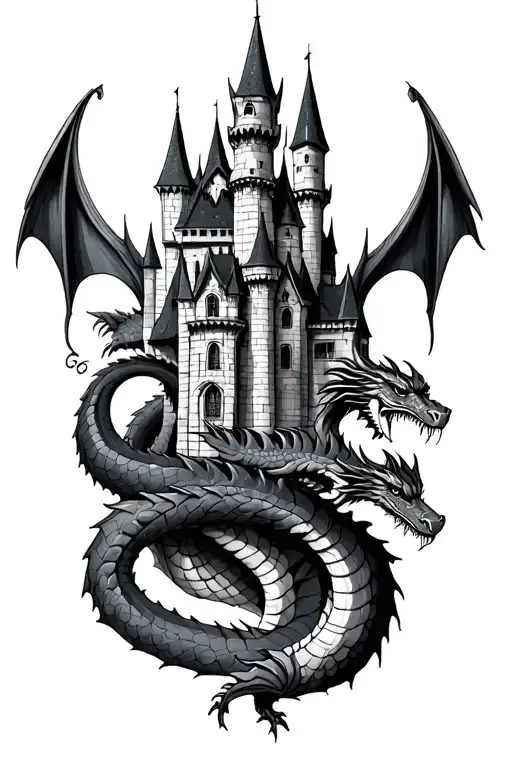 gothic castle with dragon wrapping around castle tattoo design idea