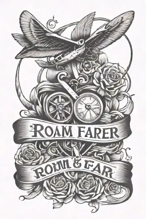 infinity symbol, heart and airplane with words "roam far, laugh harder, live louder" feminine look  tattoo design idea