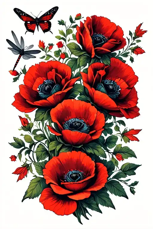 Dragonflies and butterflies sitting on roses and red poppies  tattoo design idea