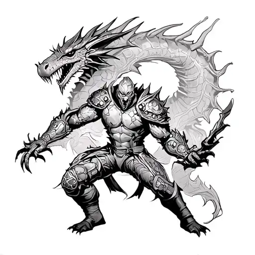 Doom slayer with a Dragon behind him killling a demon  tattoo design idea