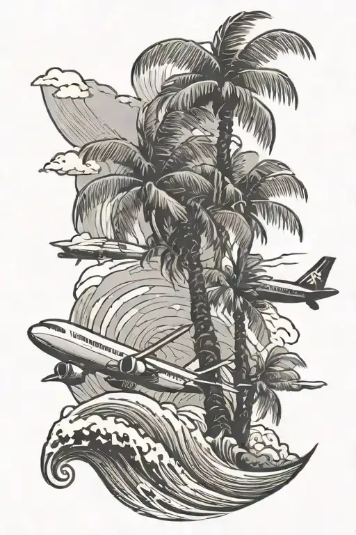 palm tree with waves and airplane tattoo design idea