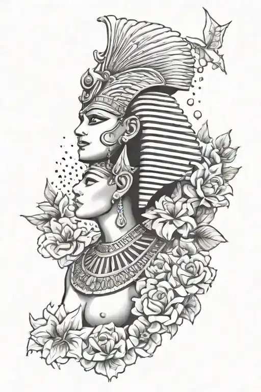 Egyptian gods with flowers and stars exploding tattoo design idea