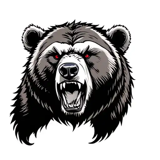 angry grizzly bear head facing forward, red eyes ready to kill tattoo design idea
