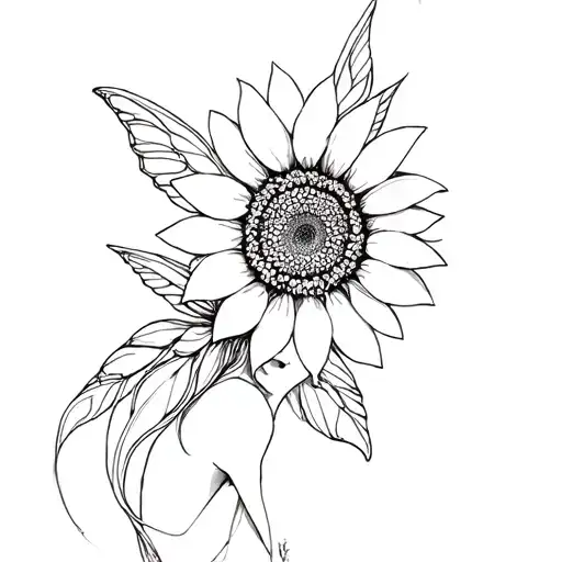 mix between a fairy and a suflower where the center of the sunflower is the face of the fairy tattoo design idea