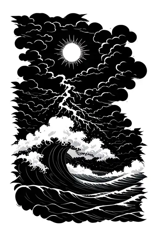 A thunderstorm over ocean waves flowing with a sun above the clouds tattoo design idea