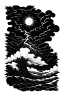 A thunderstorm over ocean waves flowing with a sun above the clouds tattoo design idea