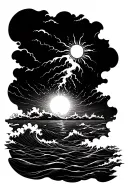A thunderstorm over ocean waves flowing with a sun above the clouds tattoo design idea