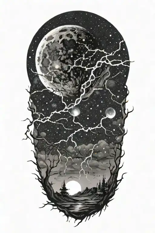 night sky filled with constellations moon thunderstorm lightning terrifying tattoo design idea