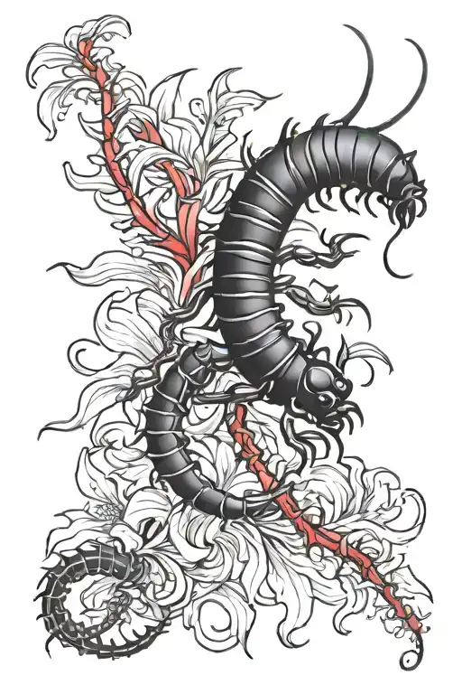 black centipede with red spider lily tattoo design idea