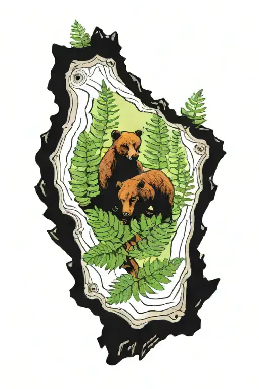 mountain fern , bear cubs in a tree trunk tattoo design idea