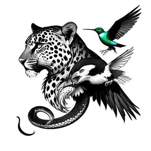 Generate me average manga that has a leopard on the shoulder, a hummingbird and an eagle in the biceps and a snake completing tattoo design idea