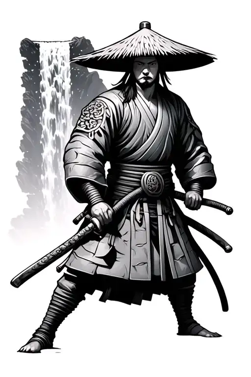 Tall Japanese samurai warrior wearing strawhat, holding a katana, standing sideways with waterfall behind him tattoo design idea