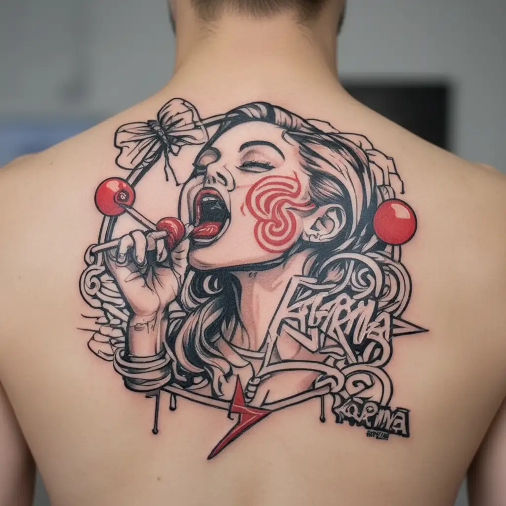 woman licking red lollipop, above the word karma in a graffiti style tattoo design idea