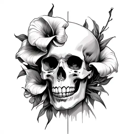 skull with calla on its head, a half woman face, three miscarriages, a dog nose, 02.06.2018, geografics,2018,2020,2022 tattoo design idea