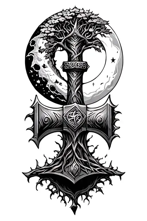 thor hammer with half moon, tree of life ornamntic tattoo design idea