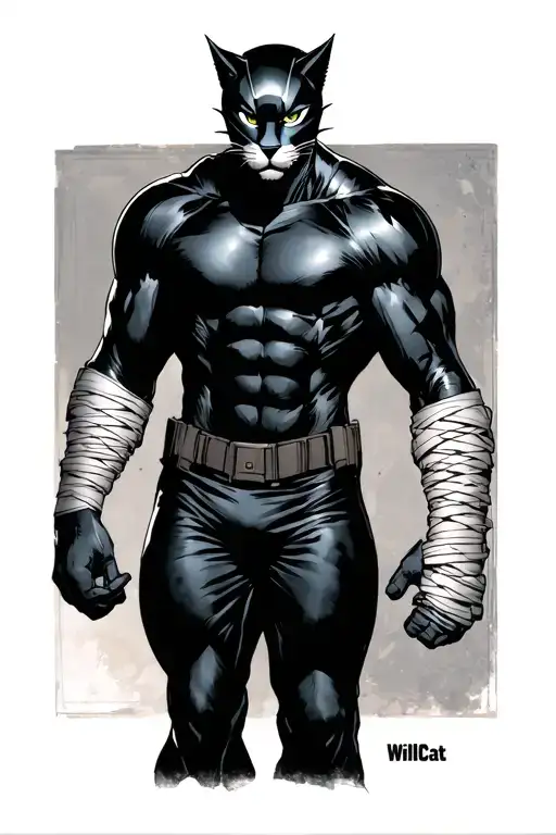 The character WildCat from DC comics a man wearing a black suit with bandages or arm wraps and a wildcat mask tattoo design idea
