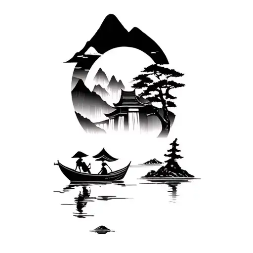 river between mountains, a japanese with hat with his boat, japanese temple on the mountains, waterfall and trees tattoo design idea