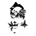 river between mountains, a japanese with hat with his boat, japanese temple on the mountains, waterfall and trees tattoo design idea