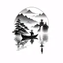 river between mountains, a japanese with hat with his boat, japanese temple on the mountains, waterfall and trees tattoo design idea