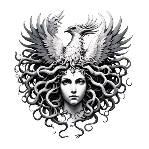 Medusa head, behind there's a phoenix, 2025 in Greek numbers  tattoo design idea