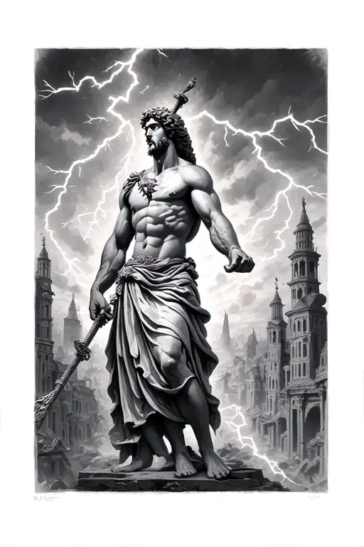 greek god with lightning and buildings in background tattoo design idea