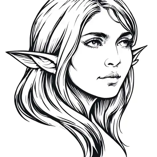 elf lady head with long hair tattoo design idea