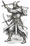 A Cossack sorcerer-warrior ('Kharakternyk') with two sabers in hand, walking away from a monitor and into the depths of  tattoo design idea